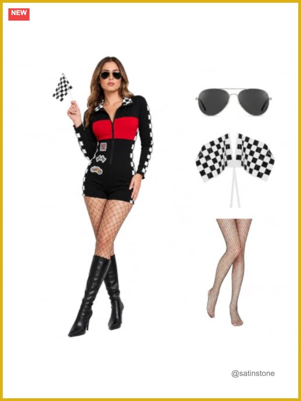 Race Car Driver Halloween Costume Set Jumpsuit Mesh Bodysuit Aviators Flags